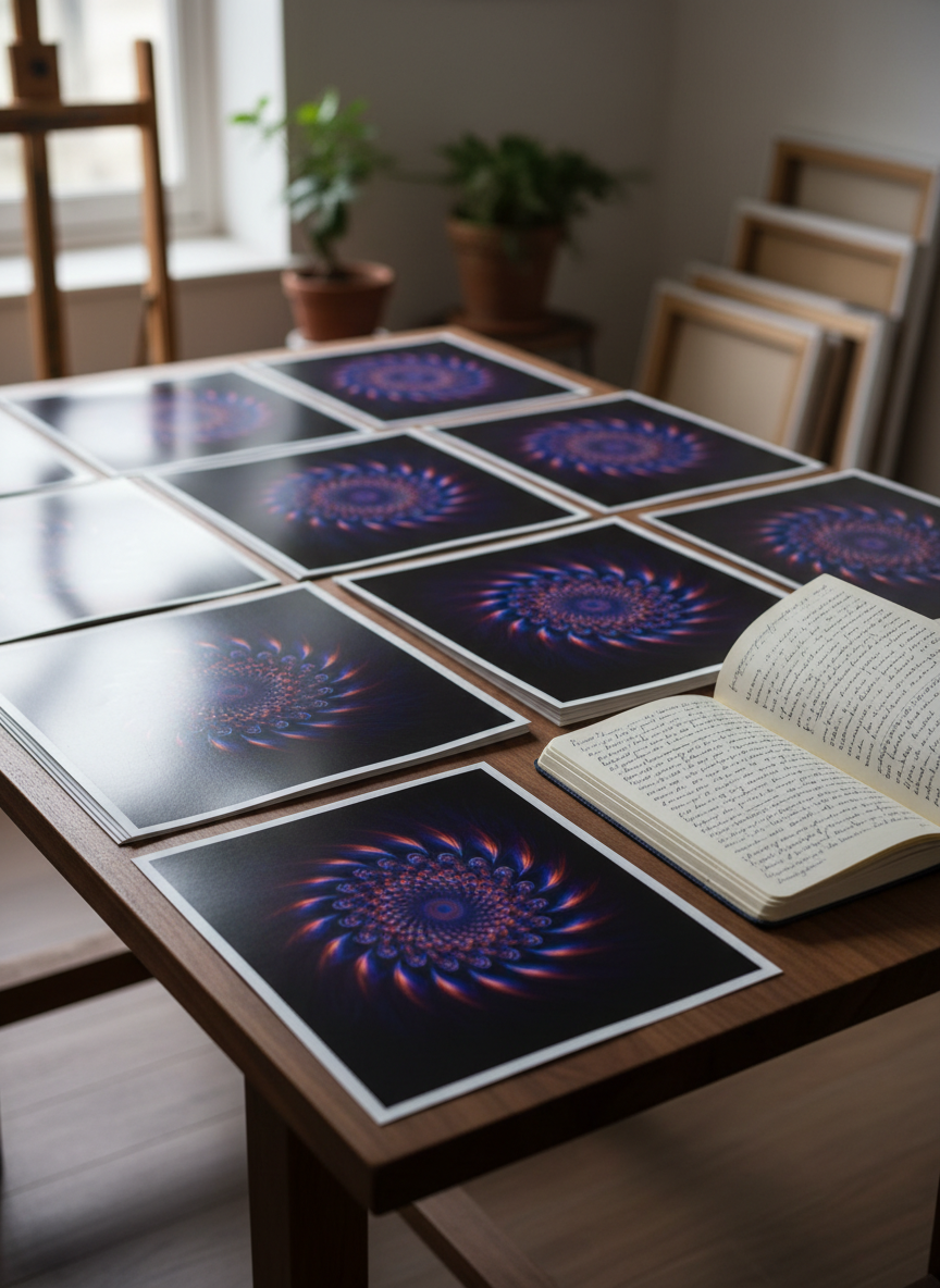 A gallery-quality wooden worktable covered with large square prints of abstract, fractal-inspired art photography, each piece shimmering with quantum-like gradients of deep indigo, ultraviolet, and molten copper. Beside the images, an open linen-bound notebook displays dense, handwritten reflections, its creamy pages slightly curled. Soft north-facing window light washes across the table, creating gentle shadows along the paper edges and a quiet glow on the ink. Shot from a slightly elevated angle in photographic realism, with a shallow depth of field that keeps the central artwork and writing in crisp focus while the studio background falls into a subtle, elegant blur. The mood feels contemplative, sophisticated, and intentionally non-commercial, inviting viewers to imagine inquiring about the work.
