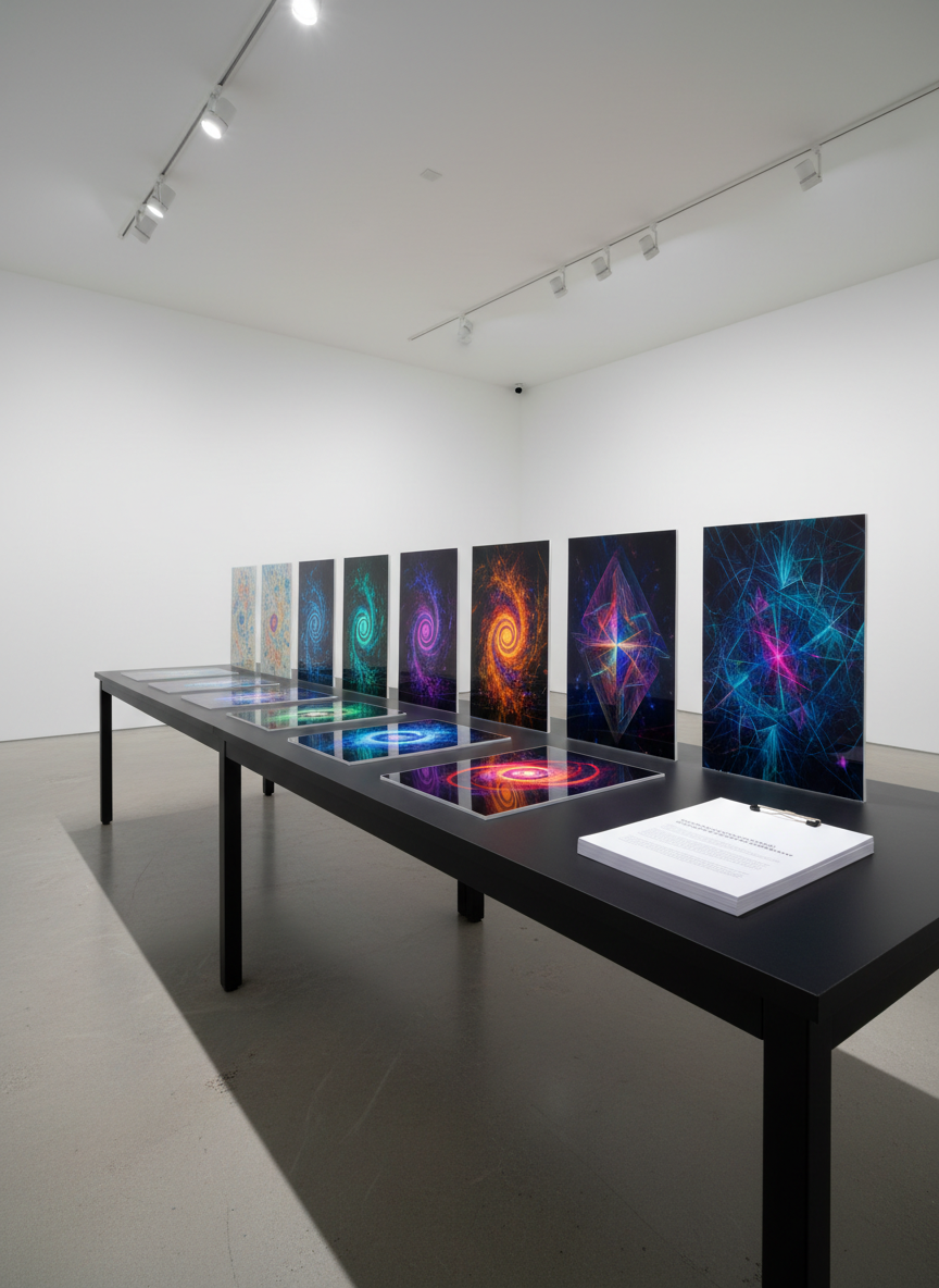 A long, matte charcoal table in a white-cube gallery space, seen from a low, cinematic angle. On the table, a sequence of medium-sized prints forms a visual essay: each photograph reveals a different exploration of fractal structures and quantum color harmonies, from delicate pastels to deep, saturated spectrums. Beside the final print, a neatly stacked set of minimal, text-only sheets titled with a subtle, conceptual phrase lies ready for visitors to read. Overhead track lights create clean, directional illumination, producing crisp highlights on the prints and soft, elongated shadows on the table surface. The composition is linear and precise, with sharp focus throughout, conveying a serious, exhibition-ready presentation that emphasizes reflection, discourse, and thoughtful inquiries.