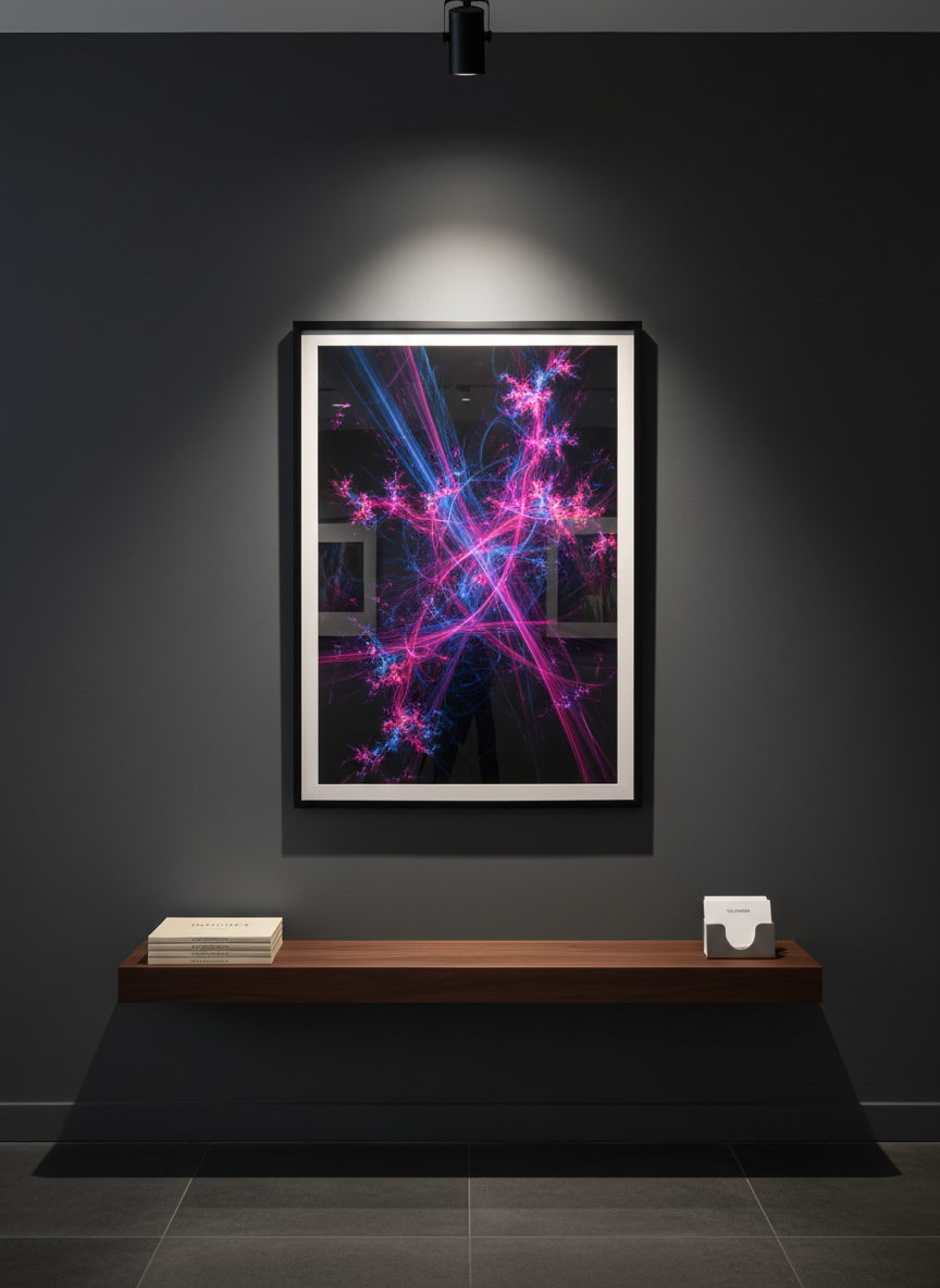 A dimly lit, minimalist gallery wall displaying a single large framed photographic print of intricate, iridescent fractal patterns, colors shifting from midnight blue to neon magenta like quantum states in motion. Below the artwork, a narrow dark wood shelf holds a stack of refined, text-only booklets and a sleek, unbranded metal card holder, suggesting avenues for inquiries without overt marketing. A focused track light from above casts a precise cone of illumination on the print, revealing fine detail and subtle texture in the paper, while the rest of the space remains softly shadowed. Captured straight-on at eye level, with sharp focus and a clean, modern composition that feels quiet, serious, and gallery-worthy.