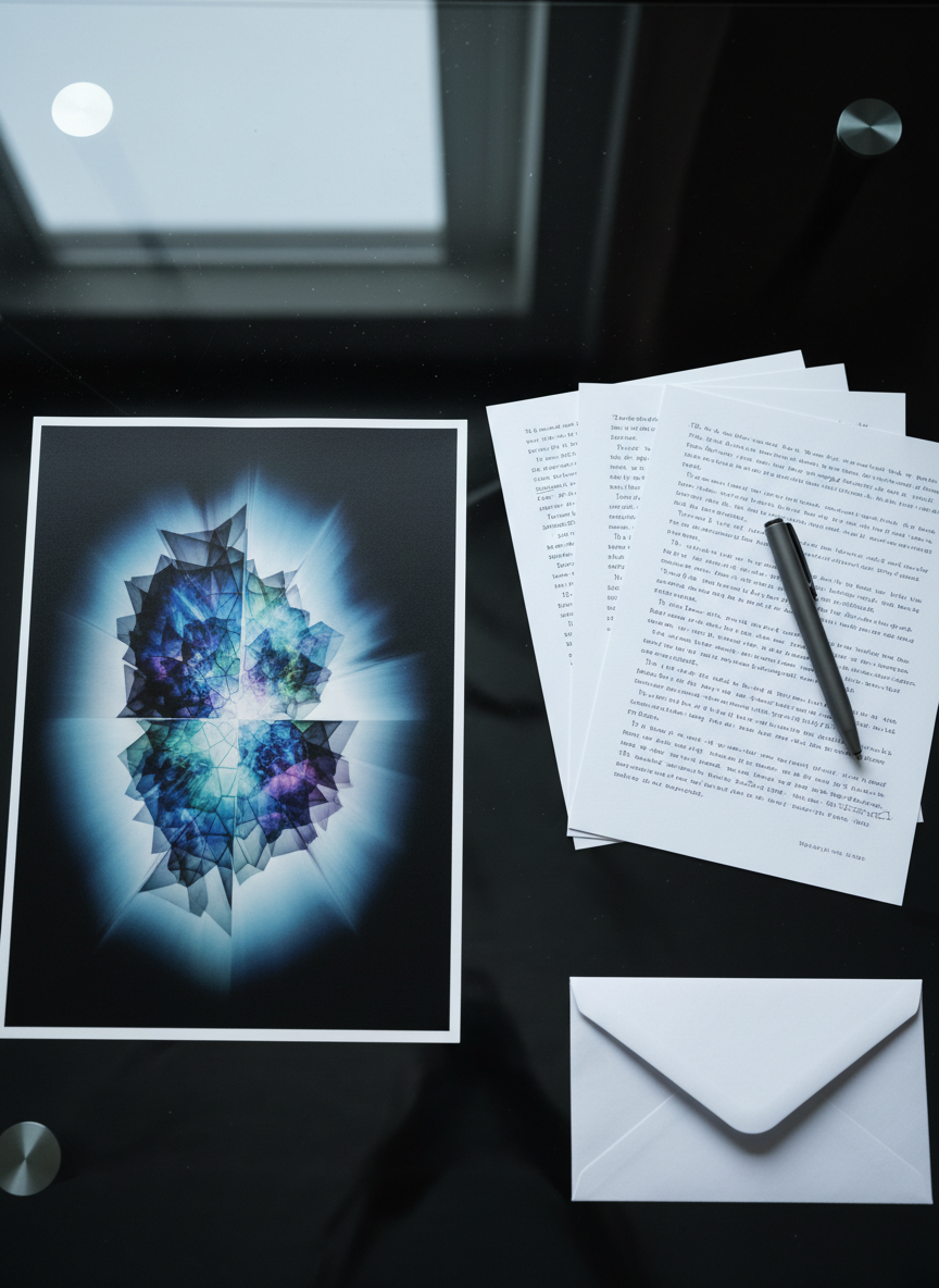 An overhead photographic view of a black glass desk where a single luminous art print lies beside several pages of typed creative essays, their margins filled with small, handwritten questions. The print shows a sophisticated, photographic abstraction of quantum color fields, like nebulae collapsing into crystalline geometry. A matte graphite pen rests diagonally across one page, while a minimal, unbranded white envelope sits at the edge, hinting at private correspondence or inquiries. Cool, diffused afternoon light enters from an unseen window, creating soft reflections on the glass surface and a calm, introspective atmosphere. The composition uses asymmetrical balance and a shallow depth of field, emphasizing the dialogue between image and text as one cohesive artistic practice.