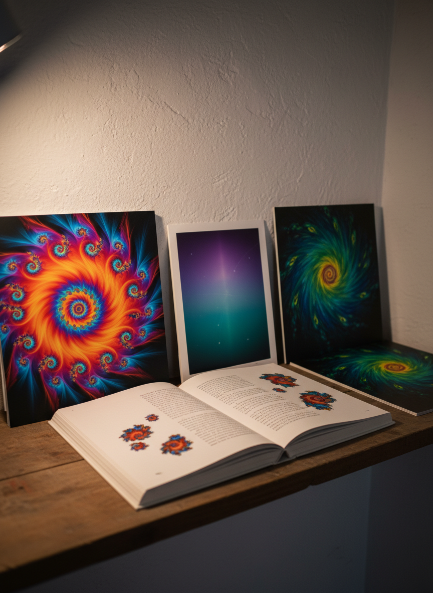 A curated shelf installation in a quiet studio corner, captured in photographic realism: several large-format art books open to full-bleed images of fractal, color-saturated photography, interleaved with pages of poetic, essay-style writing. Between the books, a single unframed print leans against a textured plaster wall, its quantum-inspired color gradient glowing from deep teal to electric violet. Subtle, warm side lighting from a concealed lamp grazes the surfaces, revealing paper fibers and fine printing detail while leaving the background in gentle shadow. Shot at a slight angle with moderate depth of field, the arrangement feels intimate yet sophisticated, like a private library of thought and image, quietly inviting closer examination and potential acquisition discussions.